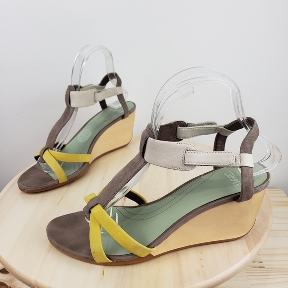 Camper Laura Multicolor Wedge Sandals Size 39 Wooden Wedge Color Block Coastal - Picture 10 of 15